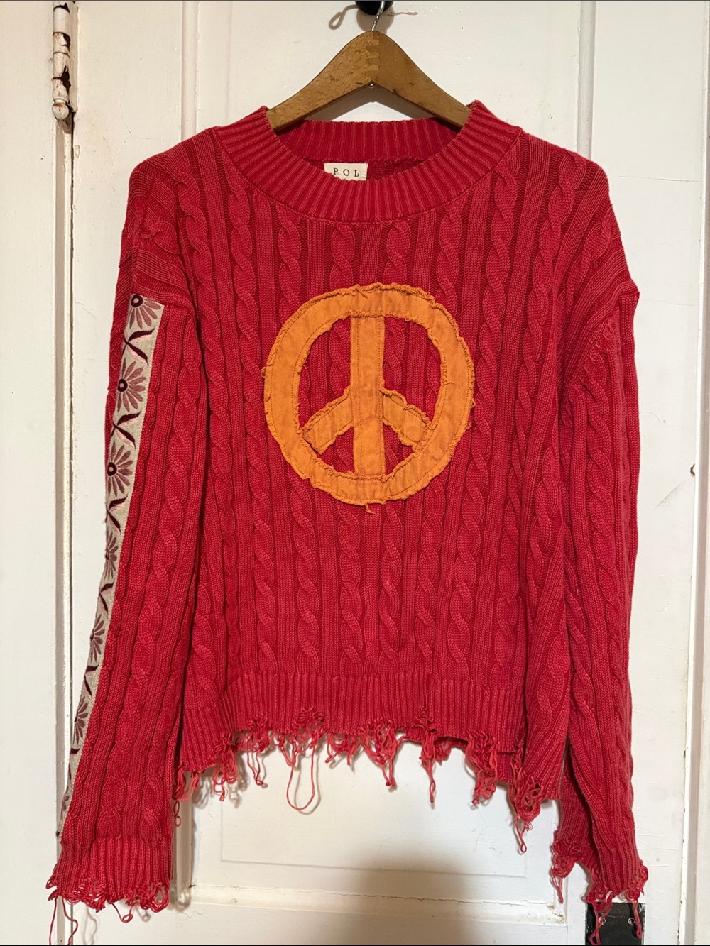 POL Red Cable-Knit Sweater with Orange Peace Applique